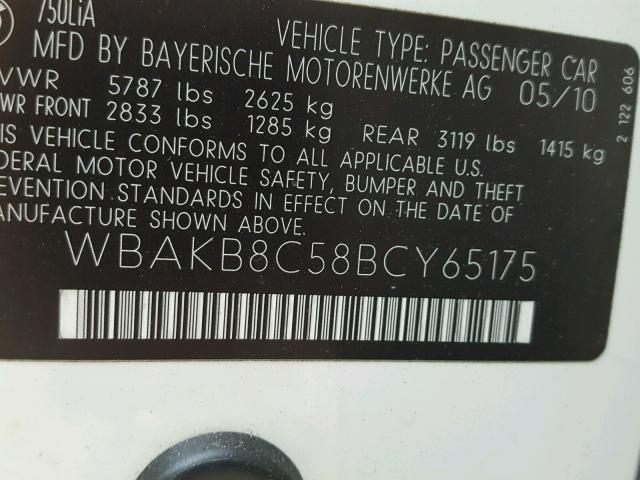 WBAKB8C58BCY65175 - 2011 BMW 750LI WHITE photo 10