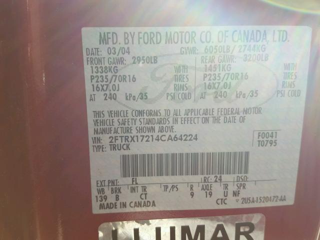 2FTRX17214CA64224 - 2004 FORD F-150 HERI RED photo 10