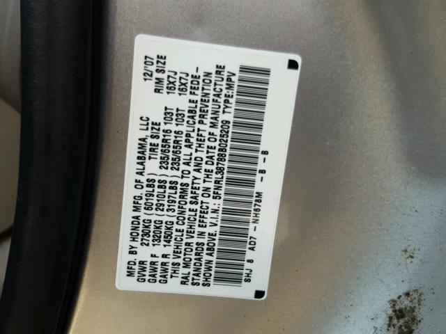 5FNRL38788B025209 - 2008 HONDA ODYSSEY EX GRAY photo 10