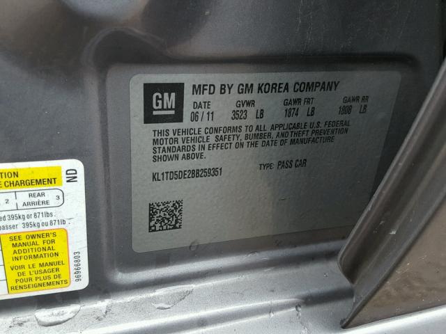 KL1TD5DE2BB259351 - 2011 CHEVROLET AVEO LS 灰色 照片 10