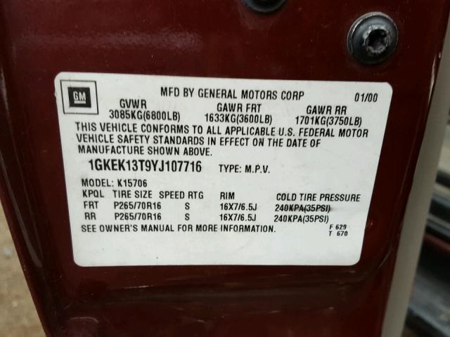 1GKEK13T9YJ107716 - 2000 GMC YUKON MAROON photo 10