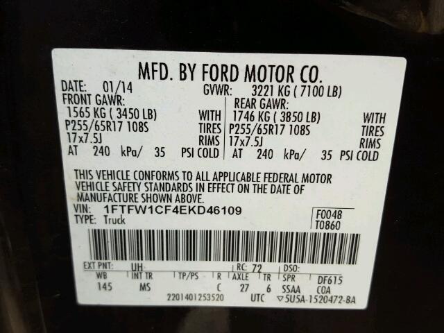 1FTFW1CF4EKD46109 - 2014 FORD F150 BLACK photo 10