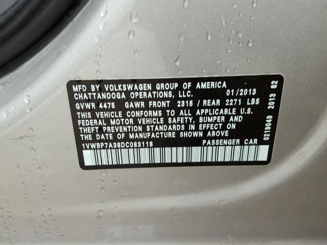 1VWBP7A38DC083118 - 2013 VOLKSWAGEN PASSAT SE GRAY photo 10
