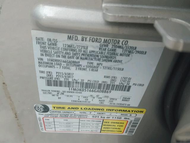 1FMDK05166GA08869 - 2006 FORD FREESTYLE GRAY photo 10