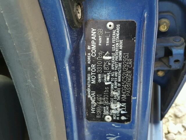 KMHCG45C52U292951 - 2002 HYUNDAI ACCENT GL BLUE photo 10