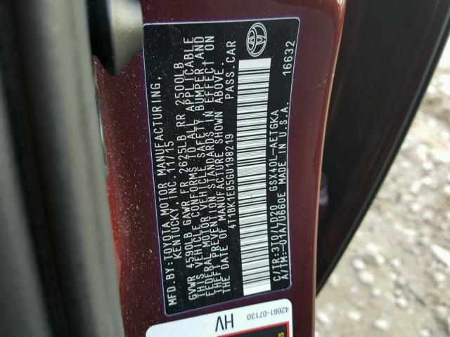 4T1BK1EB5GU198219 - 2016 TOYOTA AVALON XLE MAROON photo 10