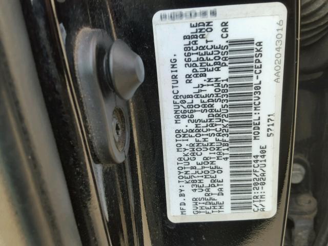 4T1BF32K72U533851 - 2002 TOYOTA CAMRY LE 黑色 照片 10