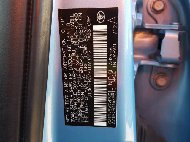 JTDKDTB33F1090382 - 2015 TOYOTA PRIUS C BLUE photo 10