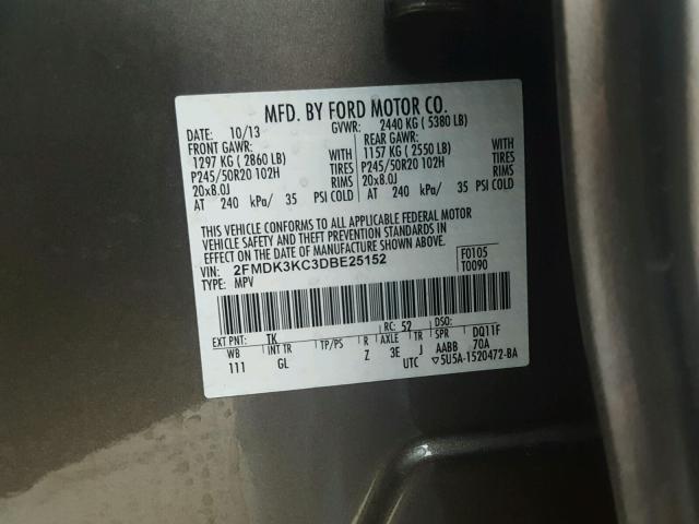 2FMDK3KC3DBE25152 - 2013 FORD EDGE LIMIT BROWN photo 10