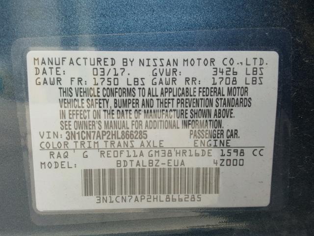 3N1CN7AP2HL866285 - 2017 NISSAN VERSA S BLUE photo 10