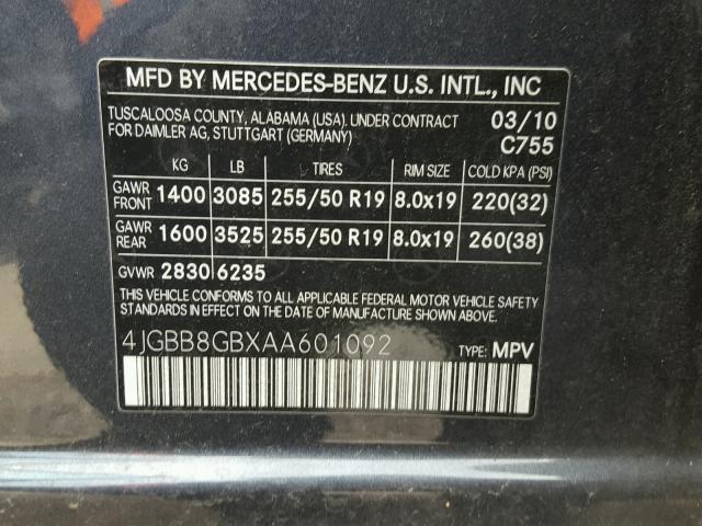 4JGBB8GBXAA601092 - 2010 MERCEDES-BENZ ML 350 4MA GRAY photo 10