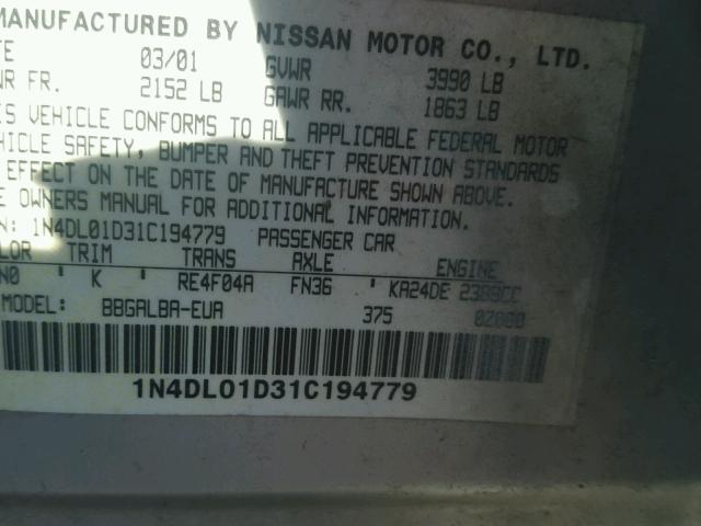 1N4DL01D31C194779 - 2001 NISSAN ALTIMA XE SILVER photo 10