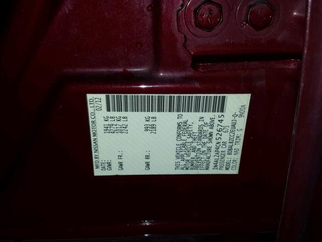 1N4AL2AP4CN526745 - 2012 NISSAN ALTIMA BAS BURGUNDY photo 10