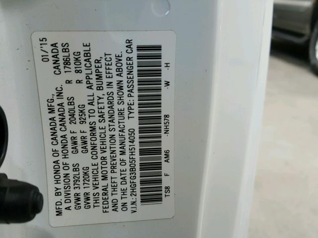 2HGFG3B05FH514050 - 2015 HONDA CIVIC EXL Ақ фото 10