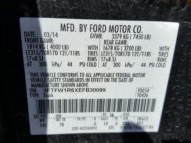 1FTFW1R6XEFB30099 - 2014 FORD F150 SVT R CHARCOAL photo 10