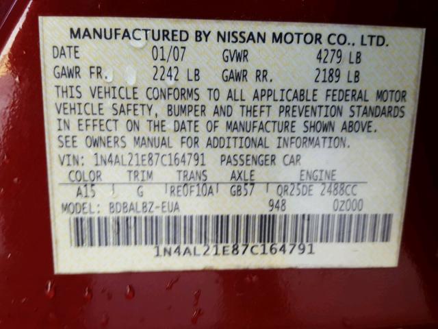 1N4AL21E87C164791 - 2007 NISSAN ALTIMA 2.5 BURGUNDY photo 10