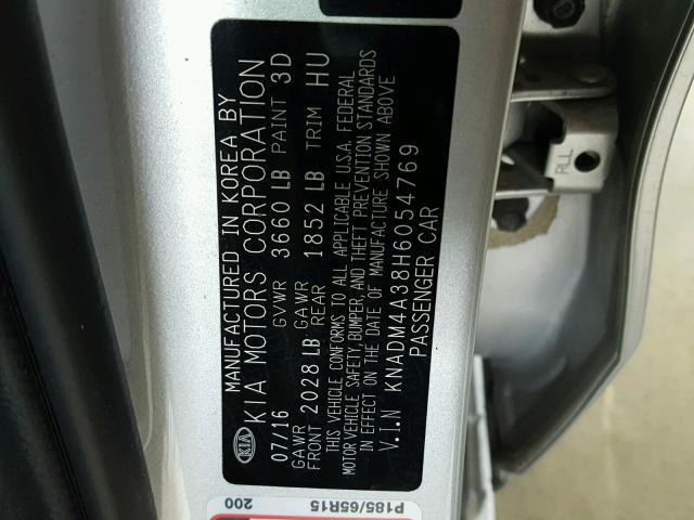 KNADM4A38H6054769 - 2017 KIA RIO LX Արծաթագույն լուսանկար 10