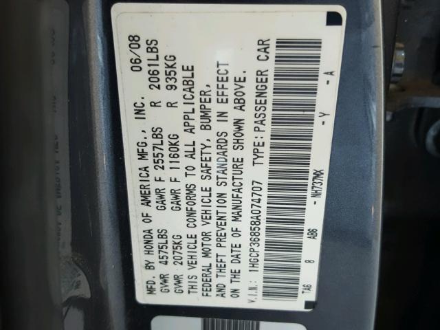 1HGCP36858A074707 - 2008 HONDA ACCORD EXL GRAY photo 10