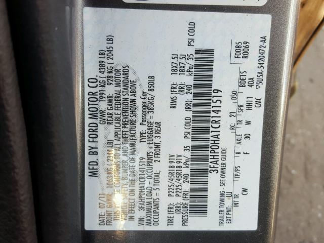 3FAHP0HA1CR141519 - 2012 FORD FUSION SE GRAY photo 10