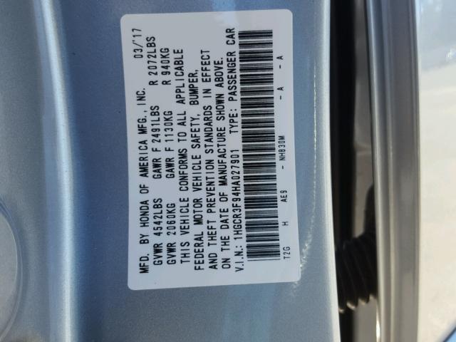 1HGCR3F94HA027901 - 2017 HONDA ACCORD TOU SILVER photo 10