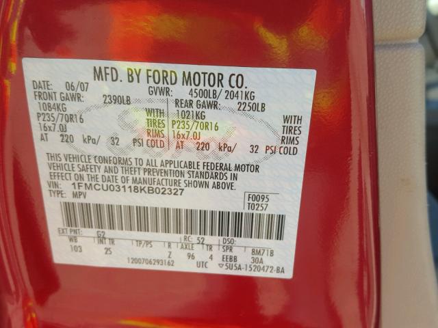 1FMCU03118KB02327 - 2008 FORD ESCAPE RED photo 10