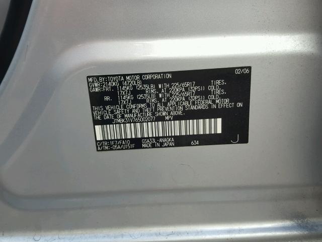 JTMBK31V765002077 - 2006 TOYOTA RAV4 LIMIT GRAY photo 10