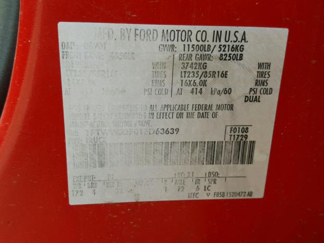 1FTWW32F01ED63639 - 2001 FORD F350 SUPER RED photo 10