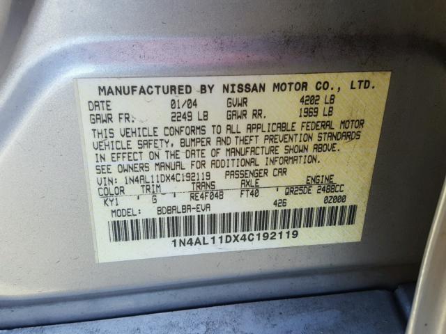 1N4AL11DX4C192119 - 2004 NISSAN ALTIMA SILVER photo 10