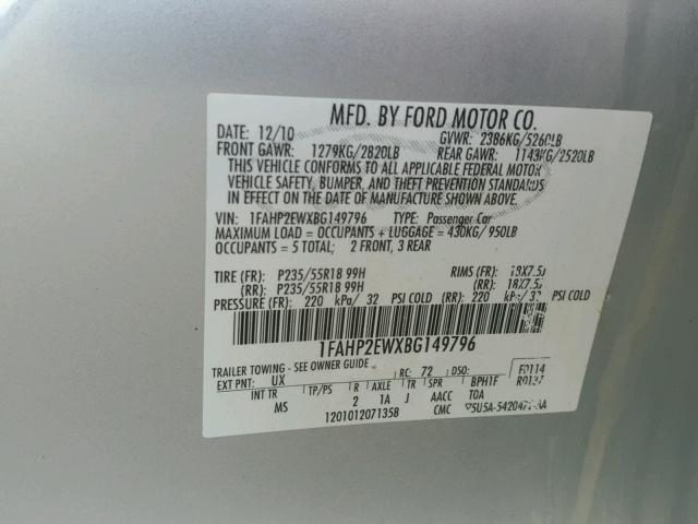 1FAHP2EWXBG149796 - 2011 FORD TAURUS SILVER photo 10