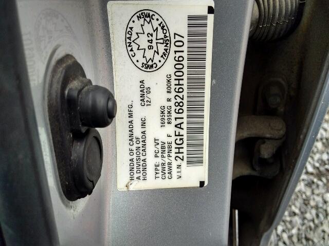 2HGFA16826H006107 - 2006 HONDA CIVIC EX 银色 照片 10