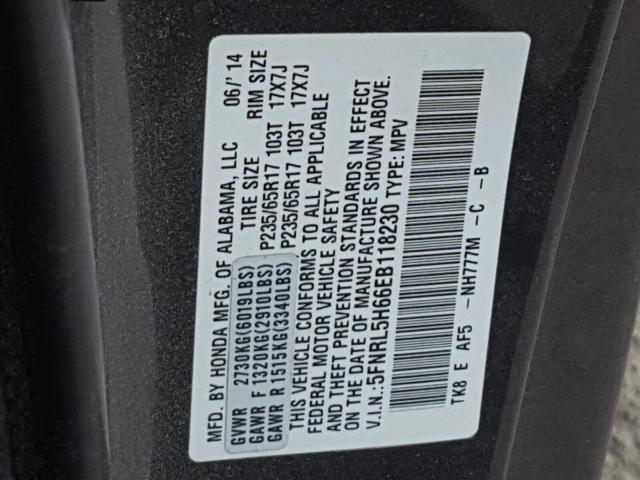 5FNRL5H66EB118230 - 2014 HONDA ODYSSEY EX GRAY photo 10