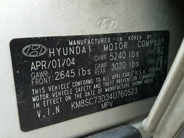 KM8SC73D34U760523 - 2004 HYUNDAI SANTA FE G SILVER photo 10