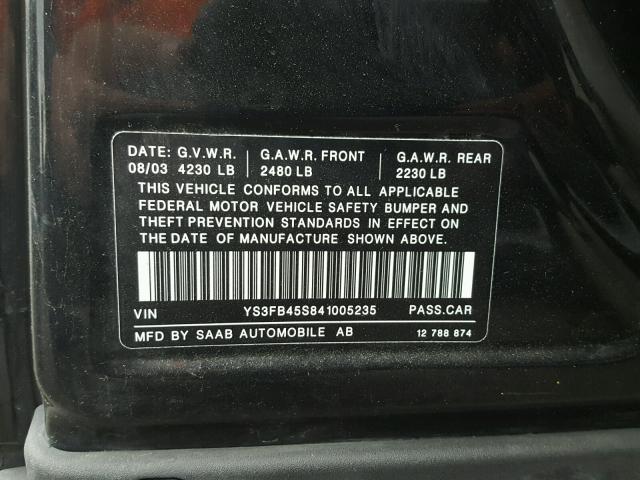 YS3FB45S841005235 - 2004 SAAB 9-3 BLACK photo 10