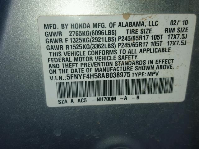 5FNYF4H58AB038975 - 2010 HONDA PILOT SILVER photo 10