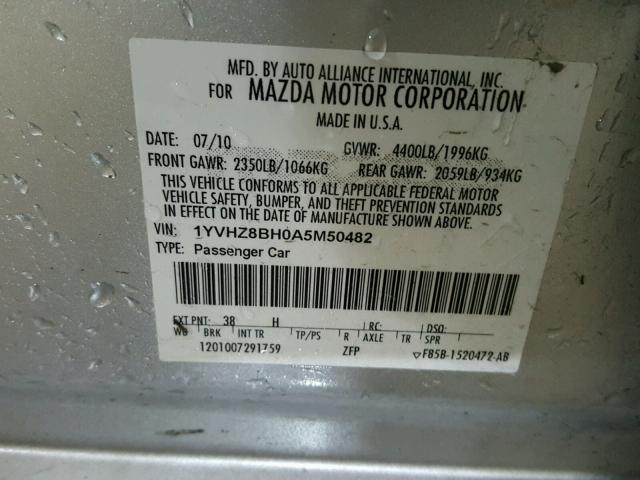 1YVHZ8BH0A5M50482 - 2010 MAZDA 6 I SILVER photo 10