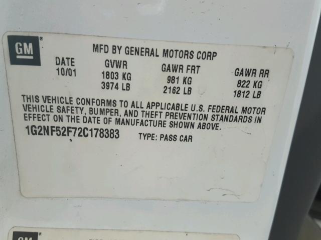 1G2NF52F72C178383 - 2002 PONTIAC GRAND AM S თეთრი ფოტო 10