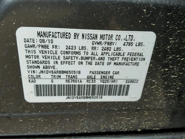 JN1DV6AR8BM650518 - 2011 INFINITI G25 SILVER photo 10