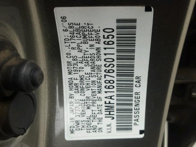 JHMFA16876S011650 - 2006 HONDA CIVIC EX CHARCOAL photo 10