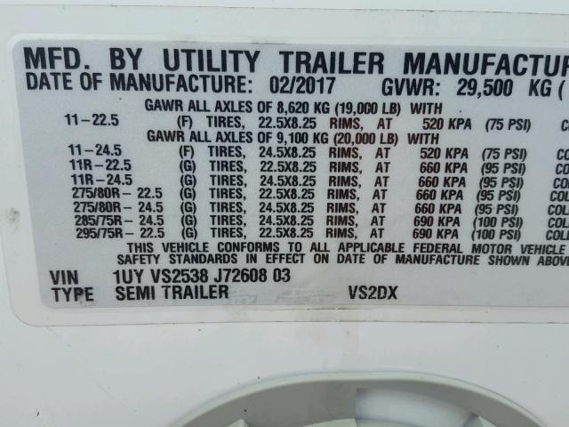 1UYVS2538J7260803 - 2018 UTILITY TRAILER WHITE photo 10