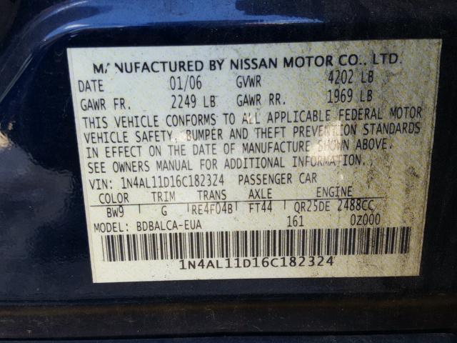 1N4AL11D16C182324 - 2006 NISSAN ALTIMA S BLUE photo 10