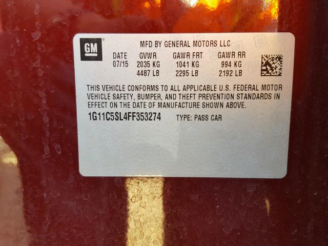 1G11C5SL4FF353274 - 2015 CHEVROLET MALIBU 1LT RED photo 10