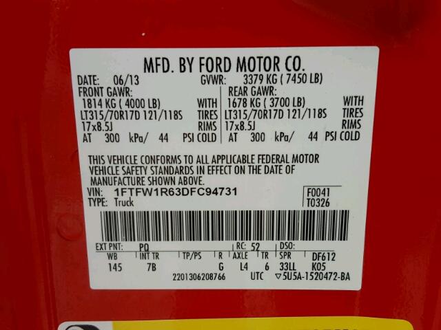 1FTFW1R63DFC94731 - 2013 FORD F150 SVT R RED photo 10