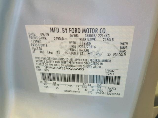 1FMCU5K33AKA62452 - 2010 FORD ESCAPE HYB SILVER photo 10