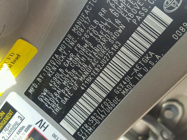 4T1BK1EB2JU275183 - 2018 TOYOTA AVALON XLE GOLD photo 10