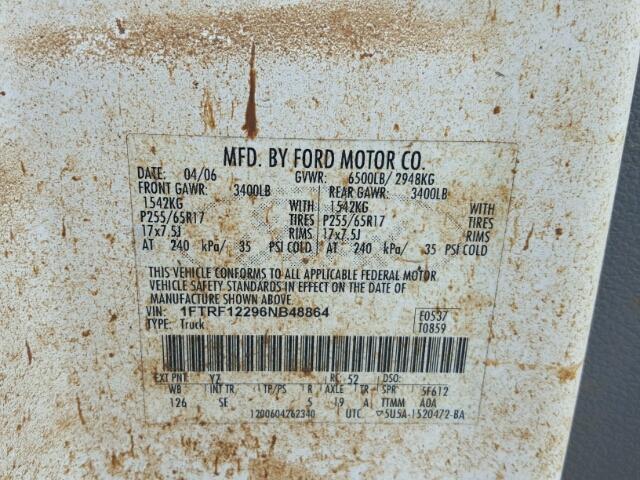 1FTRF12296NB48864 - 2006 FORD F150 WHITE photo 10