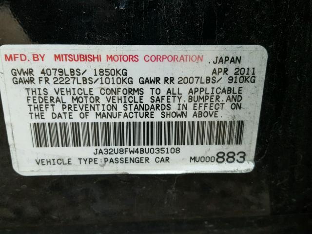 JA32U8FW4BU035108 - 2011 MITSUBISHI LANCER BLACK photo 10