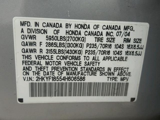 2HKYF18554H606586 - 2004 HONDA PILOT EXL SILVER photo 10