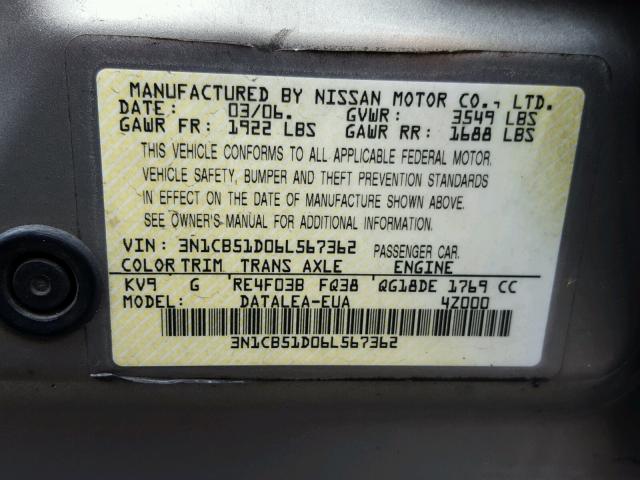 3N1CB51D06L567362 - 2006 NISSAN SENTRA 1.8 GRAY photo 10