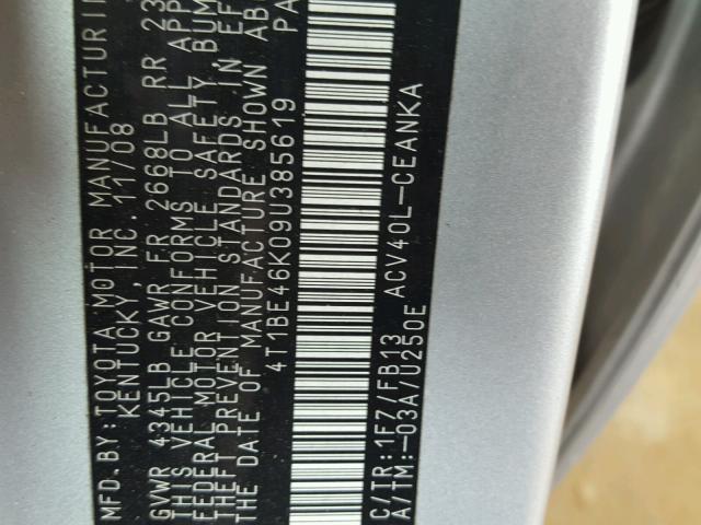 4T1BE46K09U385619 - 2009 TOYOTA CAMRY BASE SILVER photo 10