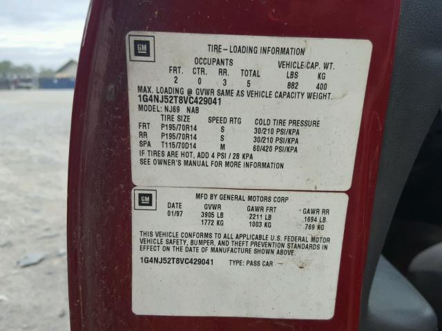 1G4NJ52T8VC429041 - 1997 BUICK SKYLARK CU MAROON photo 10